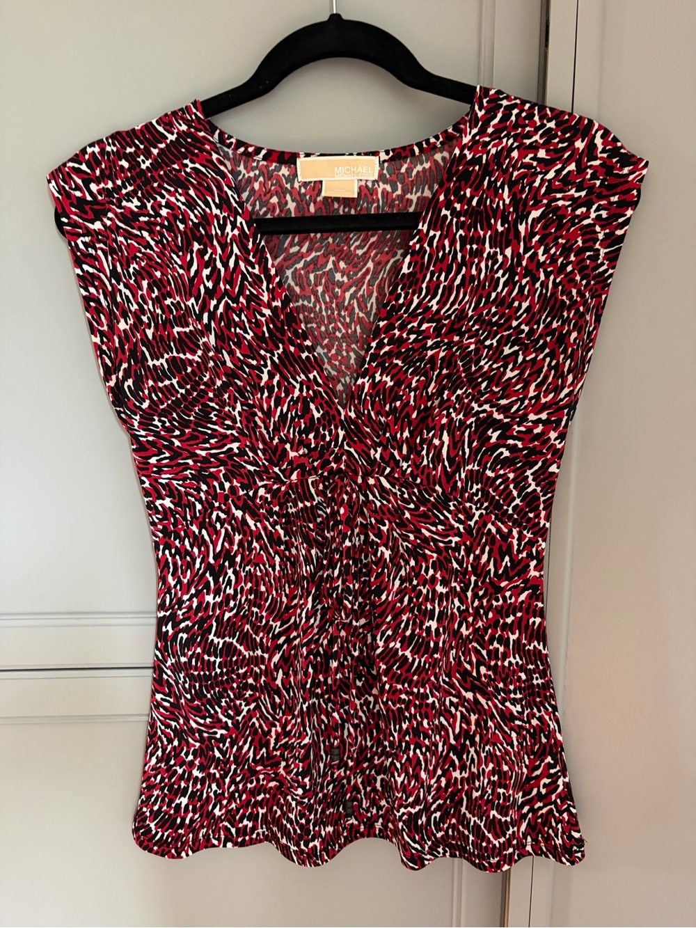 Michael Kors Red, Black & White Abstract V-Neck Cap Sleeve Top